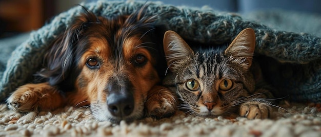 een hond en een kat liggen onder een deken