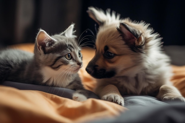 Een hond en een kat liggen samen op een bed.