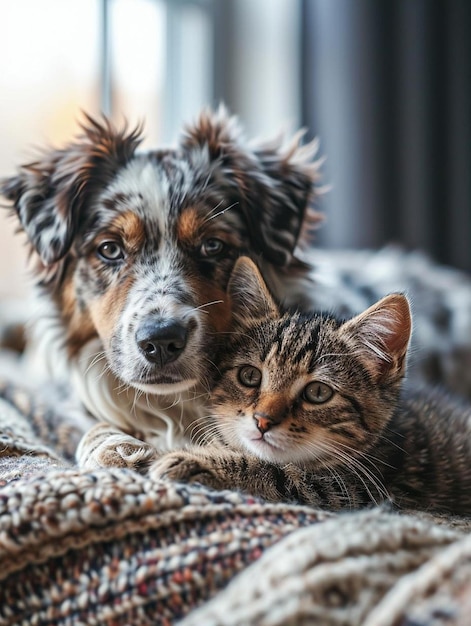 een hond en een kat liggend op een bed