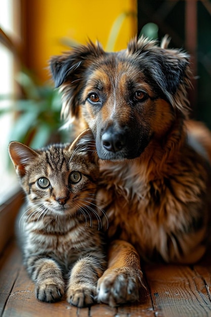 een hond en een kat liggend op een houten vloer