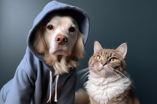 Een hond en een kat poseren voor een foto