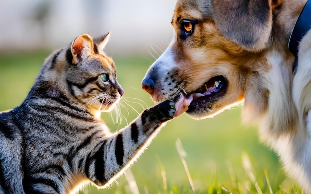 een hond en een kat spelen met elkaar.