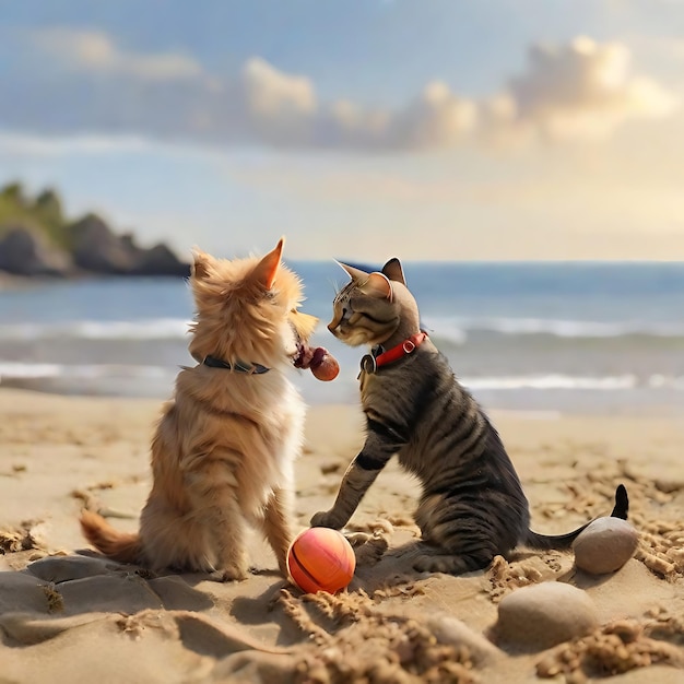 een hond en een kat spelen op het strand AI
