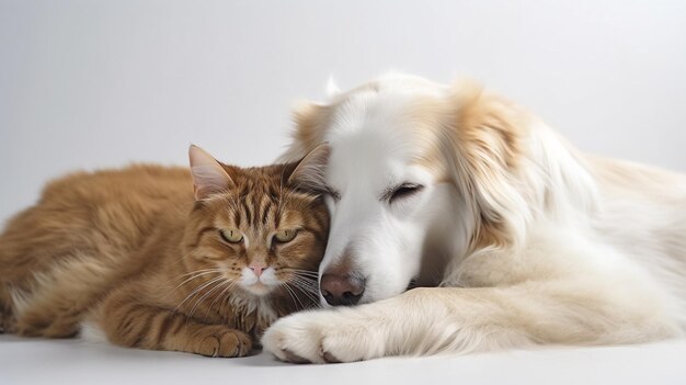 Een hond en een kat staan beide voor een witte achtergrond.