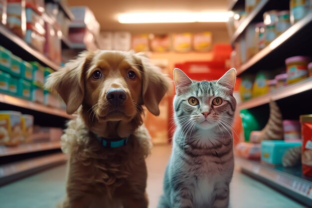 Foto een hond en een kat zitten in een dierenwinkel.