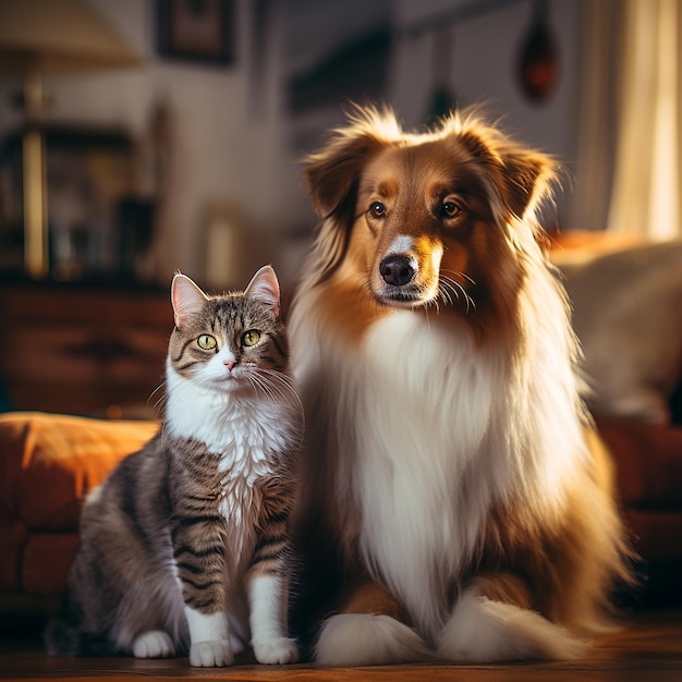een hond en een kat zitten op een bank