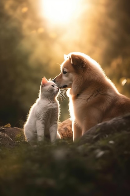 Een hond en een kat zitten samen in het bos.