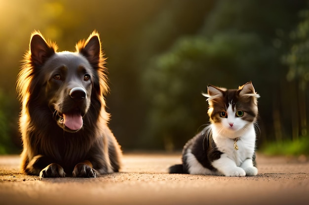 Een hond en een kat zitten samen op een weg.