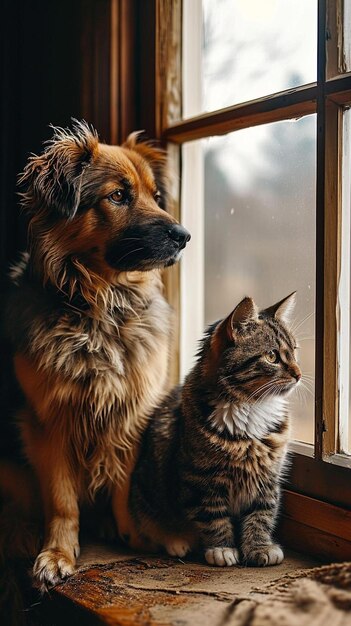 een hond en een kat zitten voor een raam