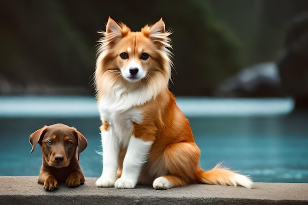 Een hond en een puppy zitten op een richel naast een zwembad.