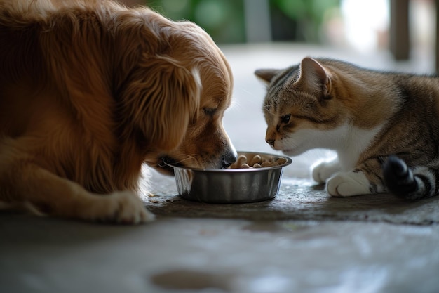 een hond en twee kittens eten uit een kom