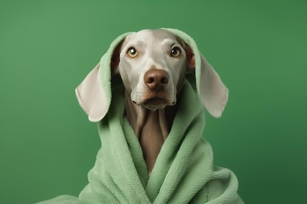 een hond gewikkeld in een deken die naar de camera kijkt