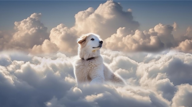 Een hond in de hemel in de wolken in het paradijs na de dood gelukkig rustend eeuwig leven van de ziel White Angel gegenereerd ai