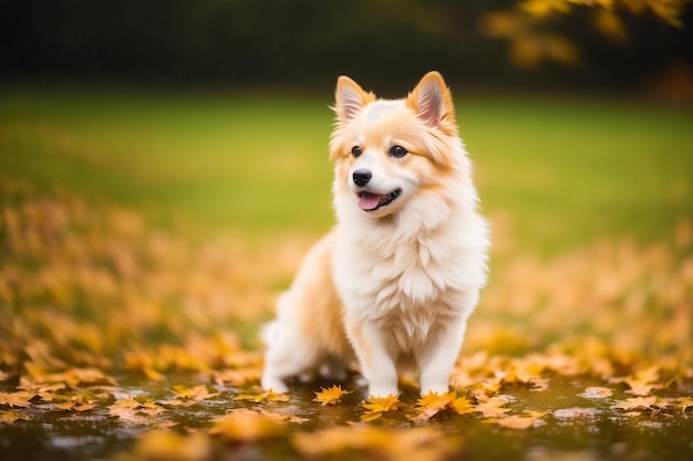 Een hond in de herfstbladeren