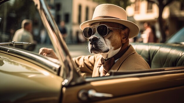 Een hond in een auto met een man met een hoed en een zonnebril op