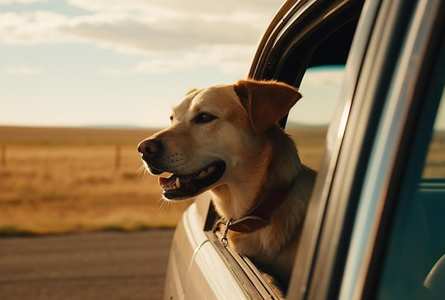 Een hond in een auto met zijn kop uit het raam