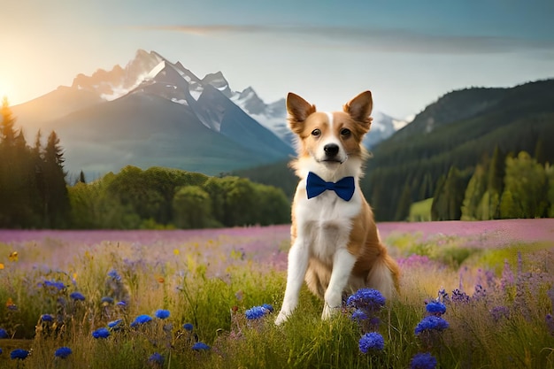 Een hond in een bloemenveld met bergen op de achtergrond