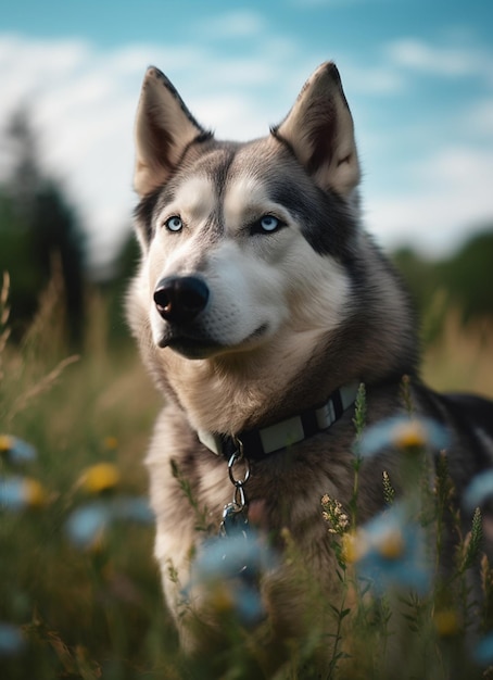 Een hond in een bloemenveld met blauwe lucht op de achtergrond