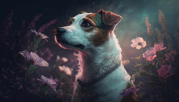 Een hond in een bloemenveld met de titel 'het geheime leven van huisdieren'