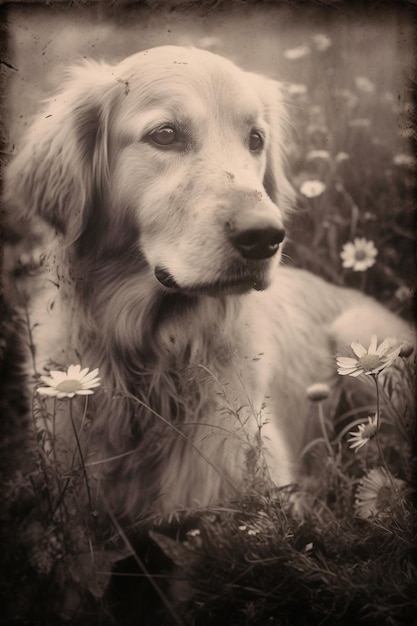 Een hond in een bloemenveld zit in een veld met madeliefjes.
