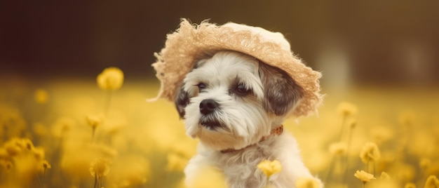 Een hond in een bloemenveld