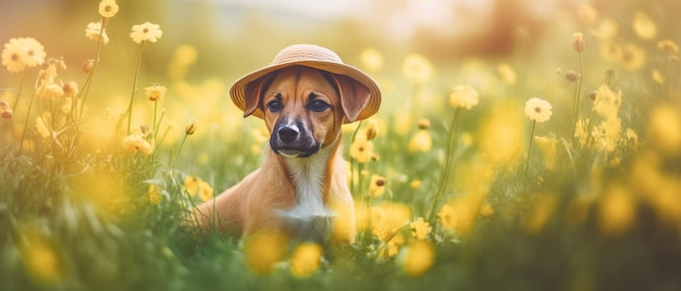 Een hond in een bloemenveld