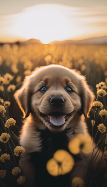 Een hond in een bloemenveld