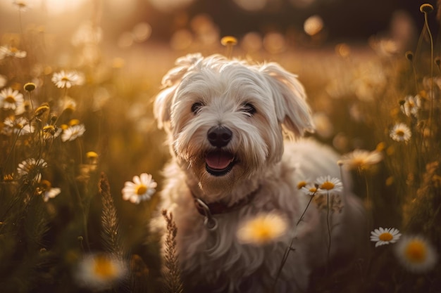 Een hond in een bloemenveld