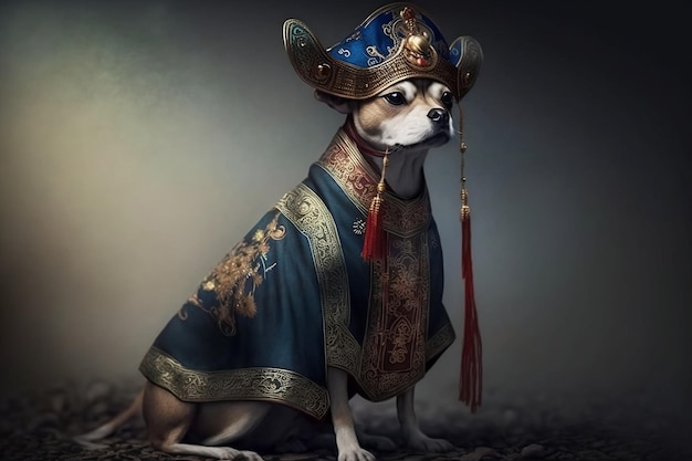 Een hond in een Chinees nationaal kostuum een teken van de Chinese dierenriem