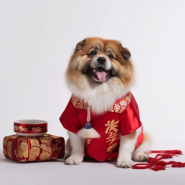 Een hond in een Chinese rode outfit zit naast een doos Chinese gouden decoraties.