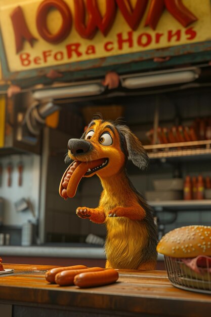 Een hond in een kiosk met straatvoedsel eet een hotdog 3D-illustratie