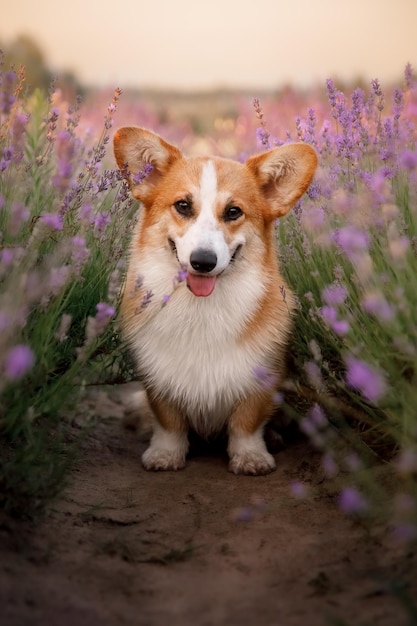 Een hond in een lavendelveld