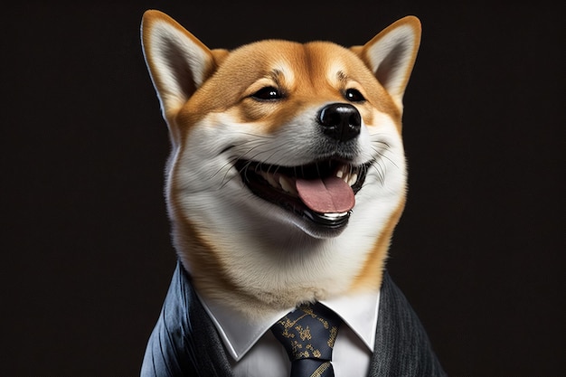 Een hond in een pak met het woord shiba in het midden