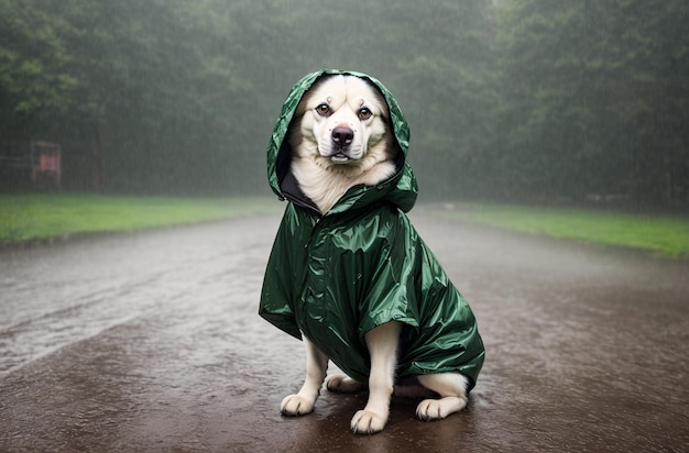 Een hond in een regenjas in de regen buiten Generative AI