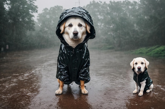 Een hond in een regenjas in de regen buiten Generative AI