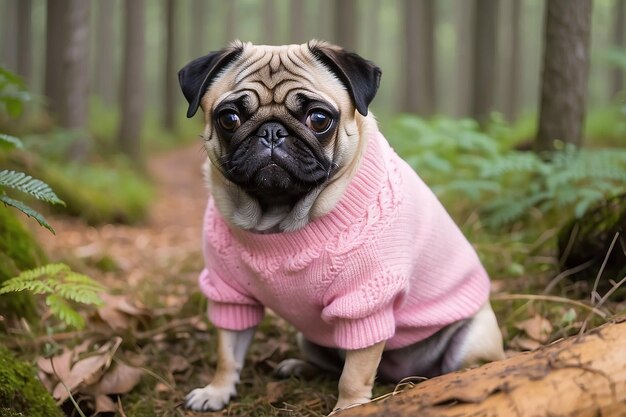 Een hond in een roze trui zit in het bos.