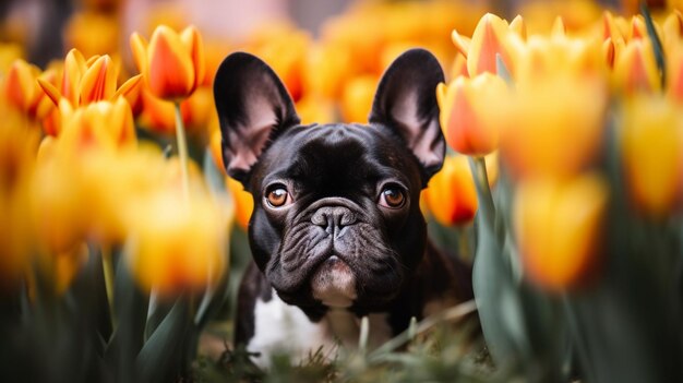 Een hond in een tulpenveld