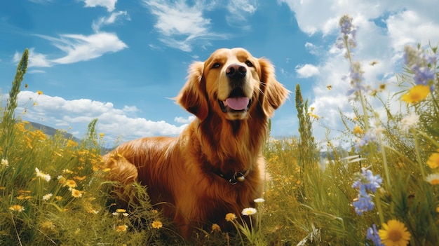 Een hond in een veld met bloemen.