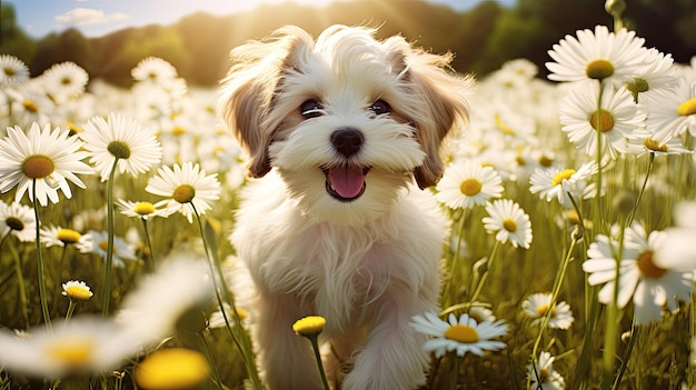 een hond in een veld met madeliefjes met de zon achter zich.