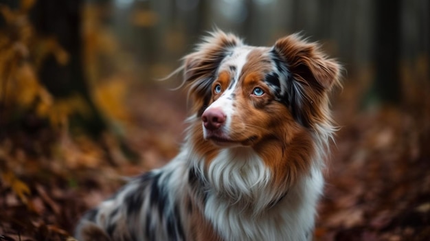 Een hond in het bos met een bruine en witte vacht