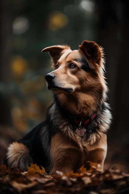 Een hond in het bos met een rode halsband en een rode penning met de tekst 'hond'