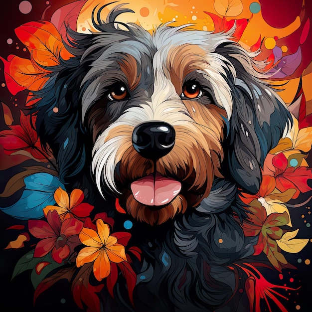 Een hond in het midden van bloemen in de stijl van zeer gedetailleerde illustraties in de stijl van psychedelische illustratie in de stijl van donkere composities warm kleurenpalet Generatieve Ai