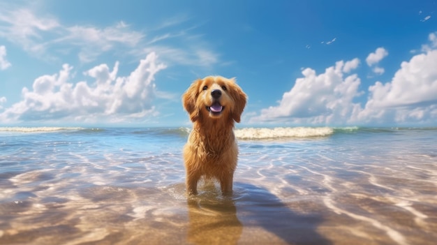 Een hond in het water met een blauwe hemel erachter