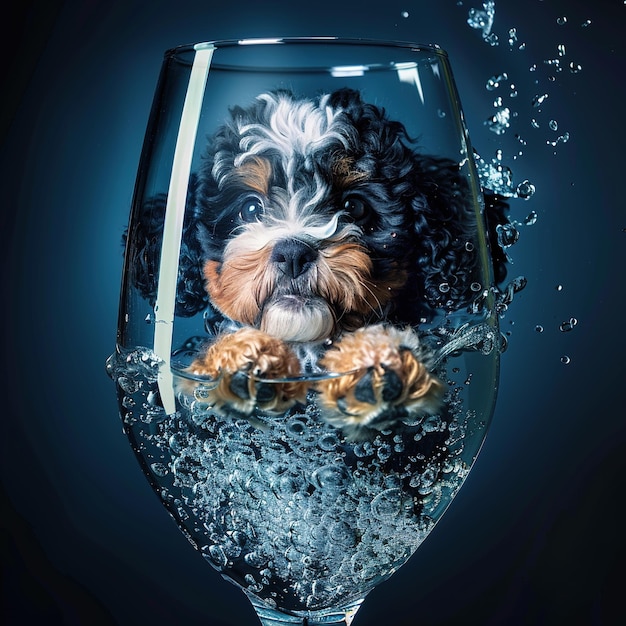 een hond is in een wijnglas met water dat eromheen spat