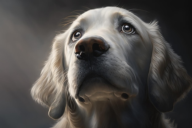 Een hond is te zien in een close-up horizontaal portret, opkijkend met een neerslachtige uitdrukking op zijn gezicht