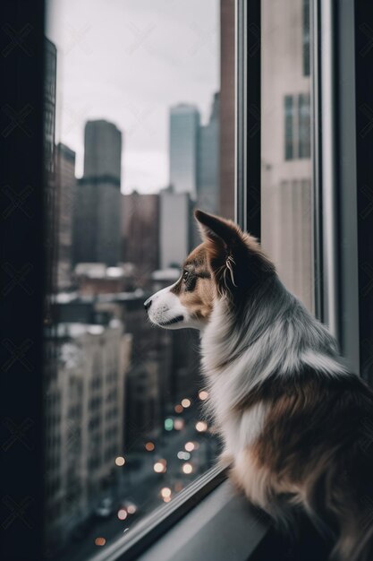 Een hond kijkt uit een raam naar een stadsgezicht
