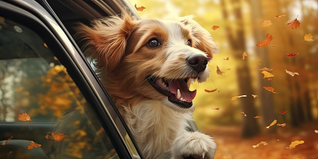 Een hond kijkt uit het raam van een auto terwijl hij door de herfst rijdt laat generatieve ai