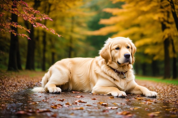 Een hond ligt in de regen voor een bos.