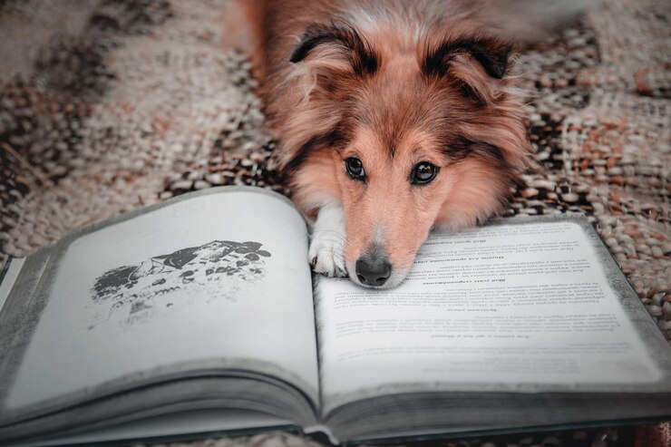 Een hond ligt op een deken met een boek open op de pagina van een boek met de titel hond.