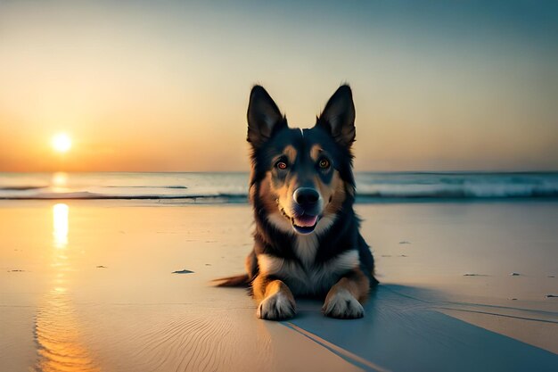 een hond ligt op het strand en kijkt naar de camera.